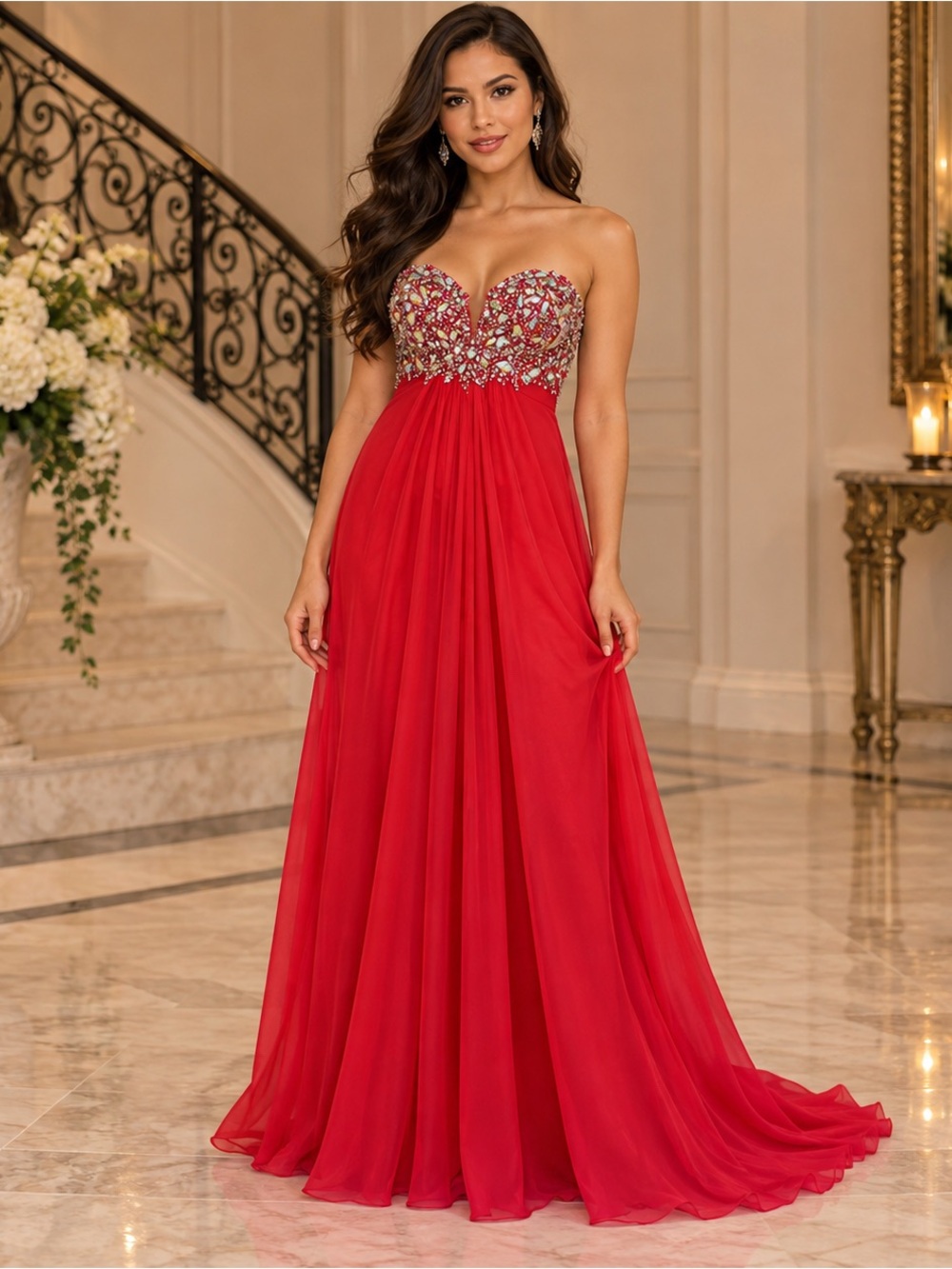 Terani Couture N297 Coral Red Crystal Strapless Chiffon Prom Gown Size 6